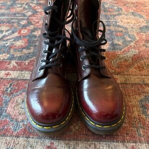 Dr. Martens Cherry Red Boots with Yellow Stitching